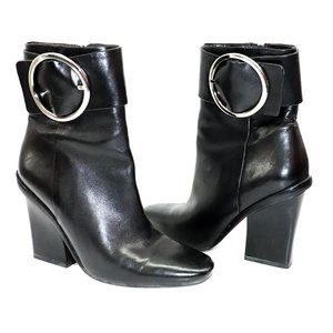 A LA MODE STACCATO Black Leather Ankle Boots Stacked Heels Silver Buckles 6.5